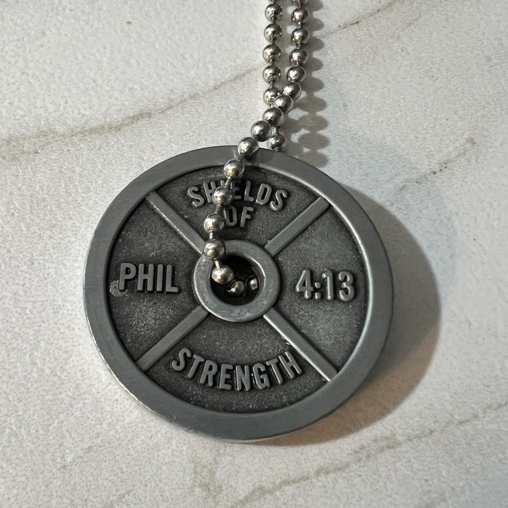 “Classic" Antique Finish Weight Plate Necklace, Philippians 4:13, approx. 22”
